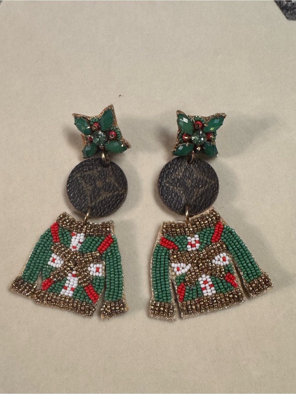 Genuine Upcycled Ugly Christmas Sweater Green Beaded Drop Earrings